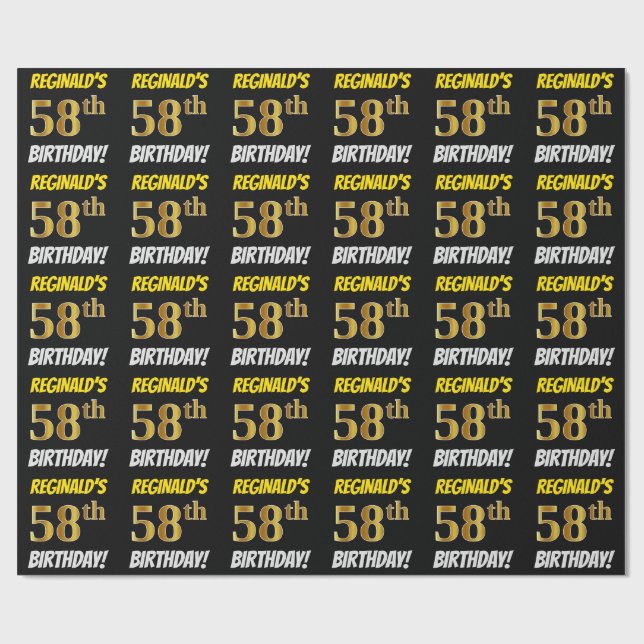 Papier Cadeau Noir, Faux/Imitation Or, "58e ANNIVERSAIRE" (Plat)