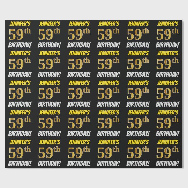 Papier Cadeau Noir, Faux/Imitation Or, "59e ANNIVERSAIRE" (Plat)