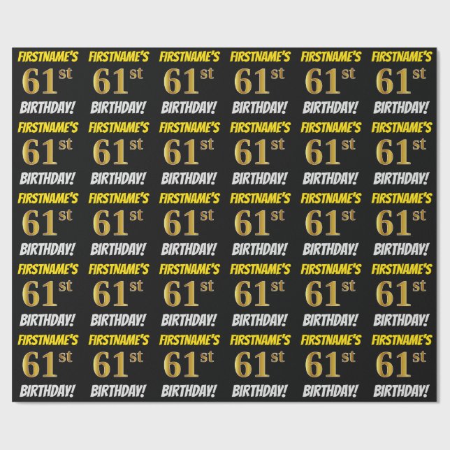 Papier Cadeau Noir, Faux/Imitation Or, "61e ANNIVERSAIRE" (Plat)