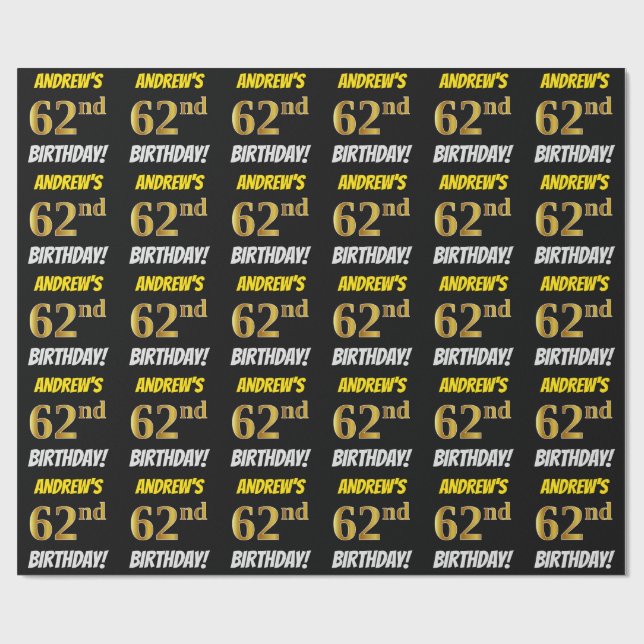 Papier Cadeau Noir, Faux/Imitation Or, "62e anniversaire" (Plat)