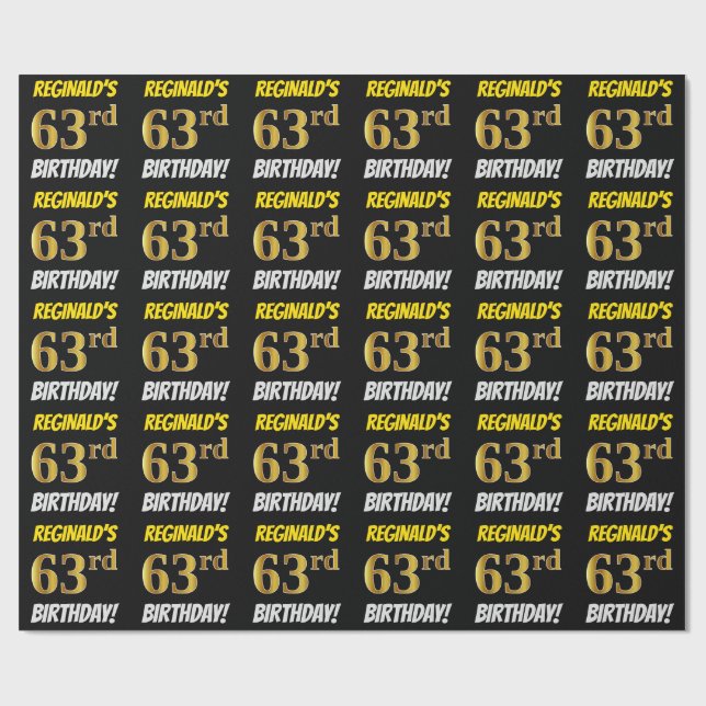 Papier Cadeau Noir, Faux/Imitation Or, "63e anniversaire" (Plat)