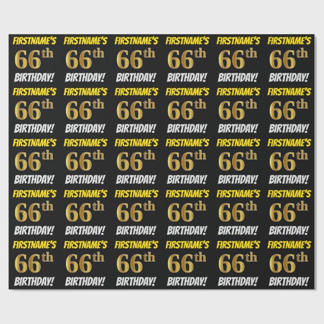 Papier Cadeau Noir, Faux/Imitation Or, "66e anniversaire" (Plat)