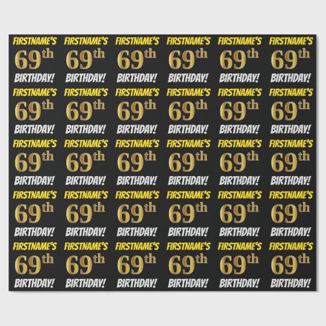 Papier Cadeau Noir, Faux/Imitation Or, "69e anniversaire" (Plat)