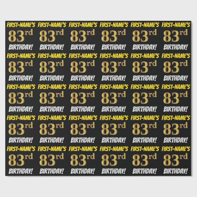 Papier Cadeau Noir, Faux/Imitation Or, "83e anniversaire" (Plat)