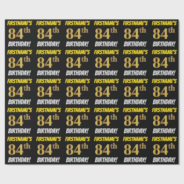 Papier Cadeau Noir, Faux/Imitation Or, "84e anniversaire" (Plat)