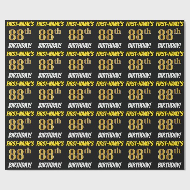 Papier Cadeau Noir, Faux/Imitation Or, "88e ANNIVERSAIRE" (Plat)