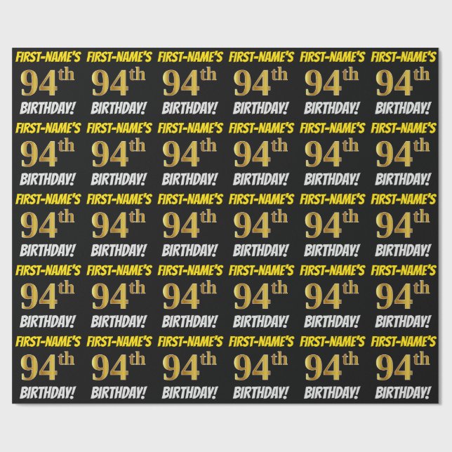 Papier Cadeau Noir, Faux/Imitation Or, "94e anniversaire" (Plat)