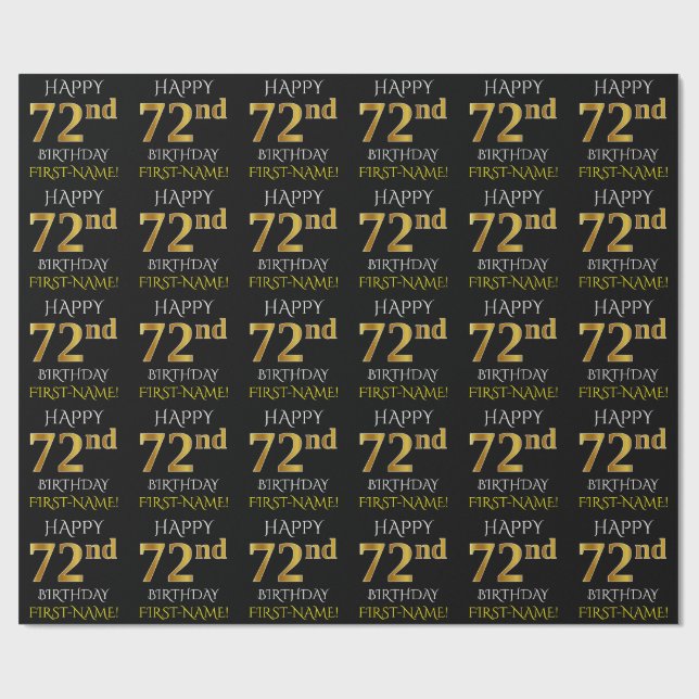 Papier Cadeau Noir, Faux Or "HAPPY 72nd BIRTHDAY" (Plat)