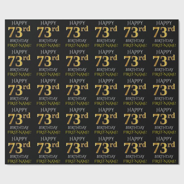 Papier Cadeau Noir, Faux Or "HAPPY 73rd BIRTHDAY" (Plat)