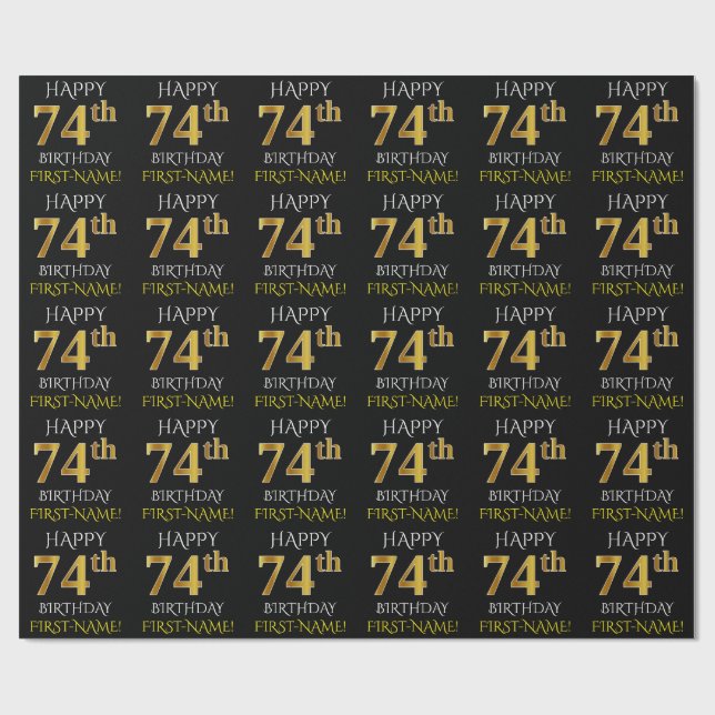 Papier Cadeau Noir, Faux Or "HAPPY 74th BIRTHDAY" (Plat)