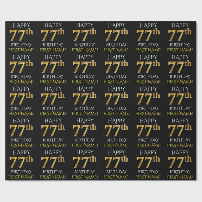 Papier Cadeau Noir, Faux Or "HAPPY 77th BIRTHDAY" (Plat)
