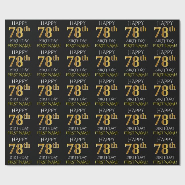 Papier Cadeau Noir, Faux Or "HAPPY 78th BIRTHDAY" (Plat)