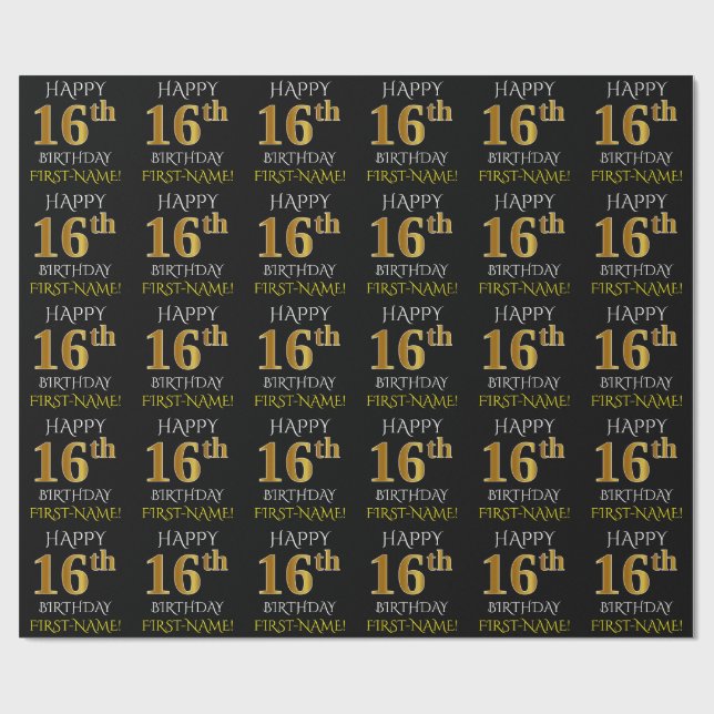 Papier Cadeau Noir, Faux Or "HEUREUX 16ème anniversaire" (Plat)