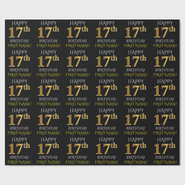 Papier Cadeau Noir, Faux Or "HEUREUX 17ème anniversaire" (Plat)