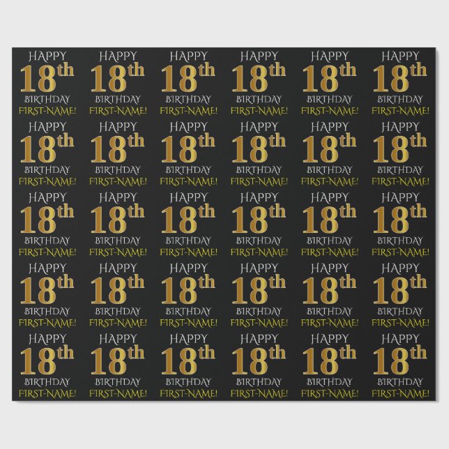 Papier Cadeau Noir, Faux Or "HEUREUX 18ème anniversaire" (Plat)
