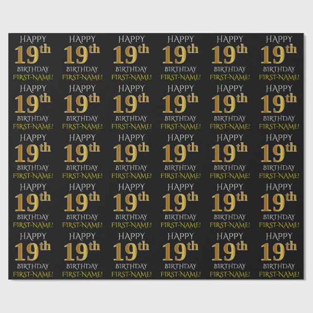Papier Cadeau Noir, Faux Or "HEUREUX 19ème anniversaire" (Plat)