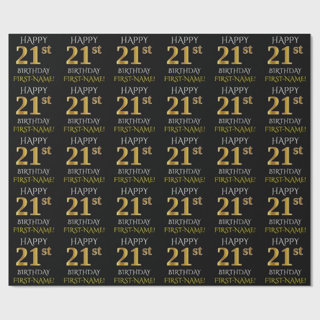 Papier Cadeau Noir, Faux Or "HEUREUX 21ème anniversaire" (Plat)