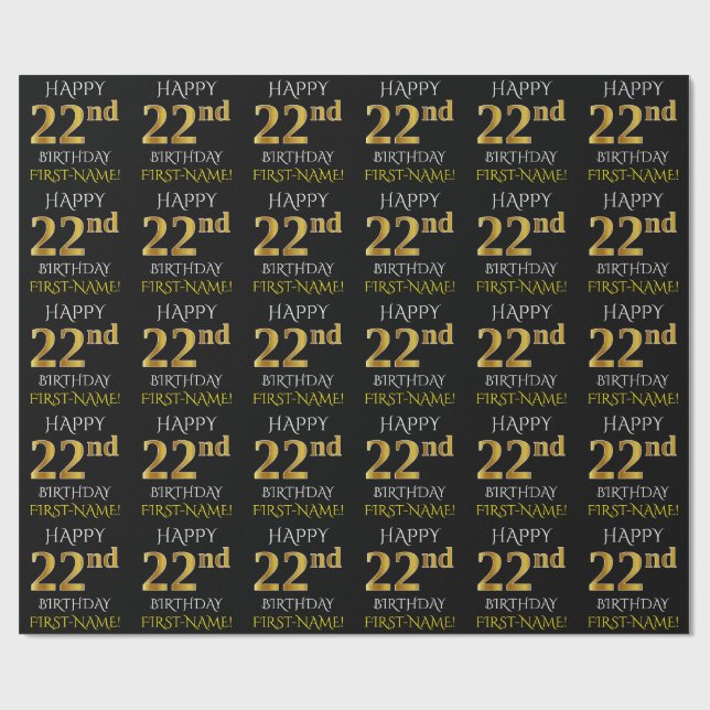 Papier Cadeau Noir, Faux Or "HEUREUX 22ème anniversaire" (Plat)