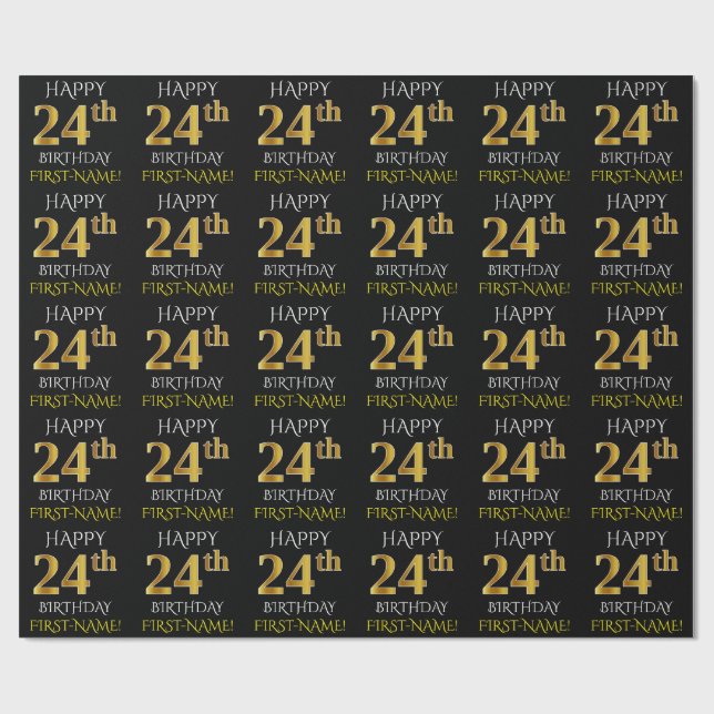 Papier Cadeau Noir, Faux Or "HEUREUX 24ème anniversaire" (Plat)