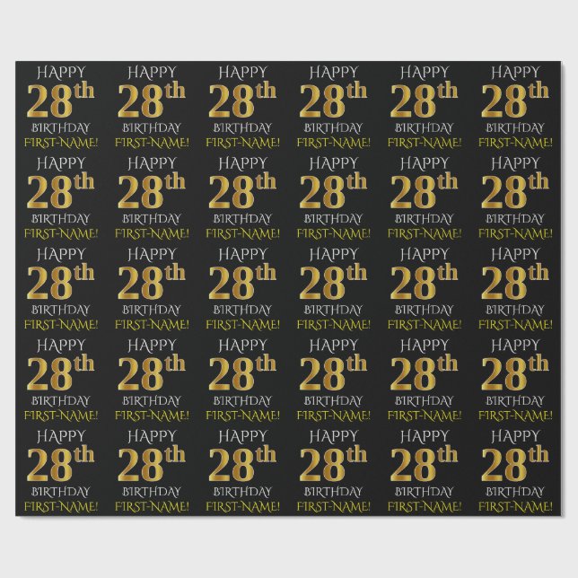 Papier Cadeau Noir, Faux Or "HEUREUX 28ème anniversaire" (Plat)