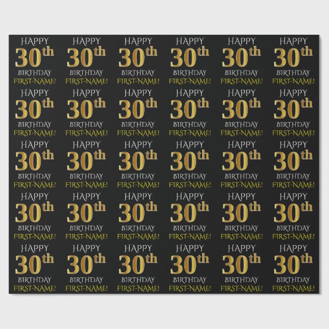 Papier Cadeau Noir, Faux Or "HEUREUX 30ème anniversaire" (Plat)