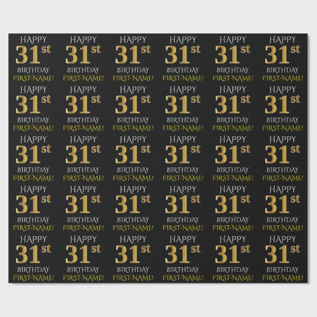 Papier Cadeau Noir, Faux Or "HEUREUX 31ème anniversaire" (Plat)