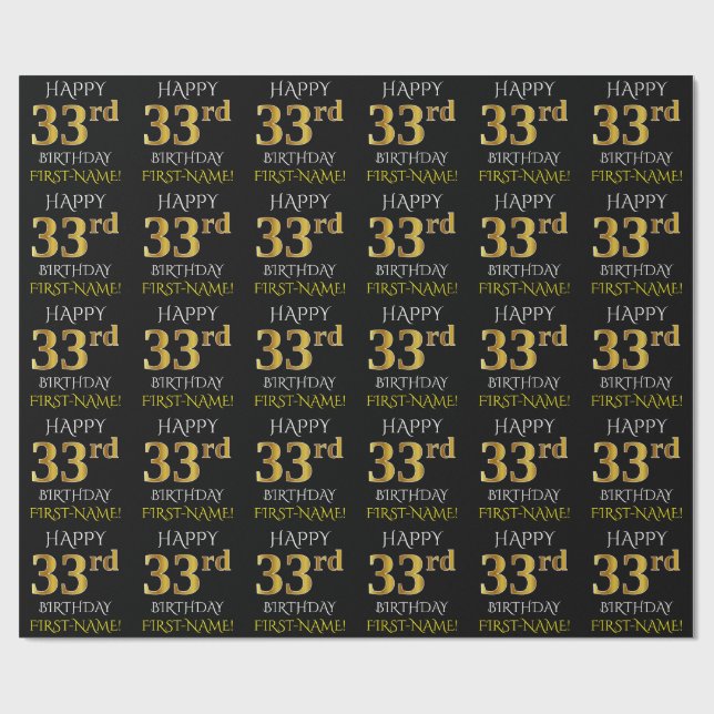 Papier Cadeau Noir, Faux Or "HEUREUX 33ème anniversaire" (Plat)