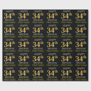 Papier Cadeau Noir, Faux Or "HEUREUX 34ème anniversaire"
