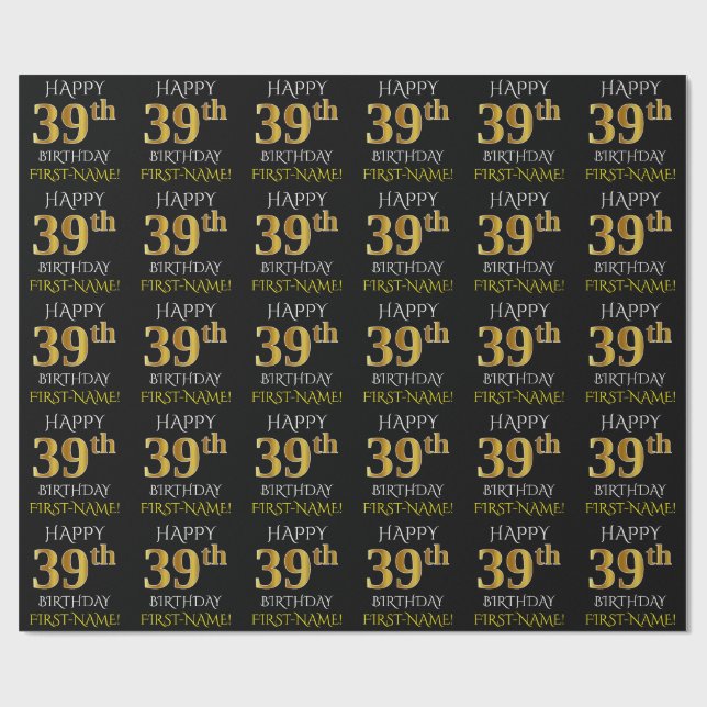 Papier Cadeau Noir, Faux Or "HEUREUX 39ème anniversaire" (Plat)