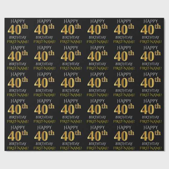 Papier Cadeau Noir, Faux Or "HEUREUX 40ème anniversaire" (Plat)