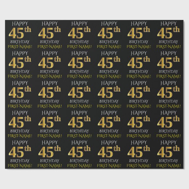 Papier Cadeau Noir, Faux Or "HEUREUX 45ème anniversaire" (Plat)