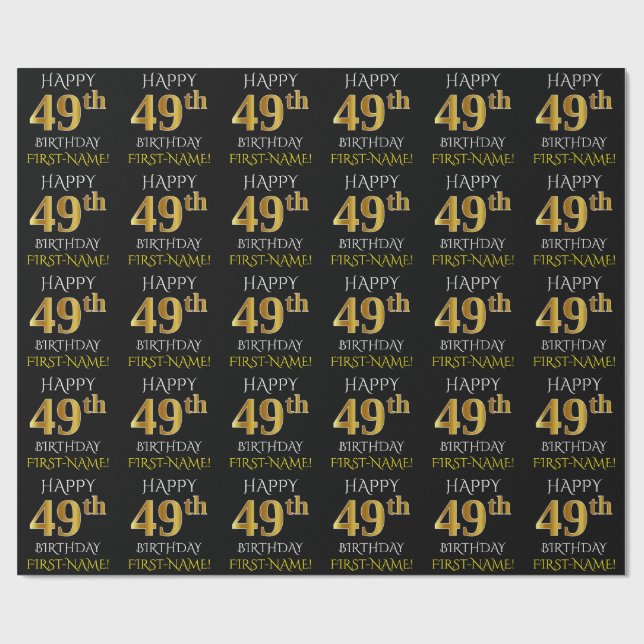 Papier Cadeau Noir, Faux Or "HEUREUX 49ème anniversaire" (Plat)