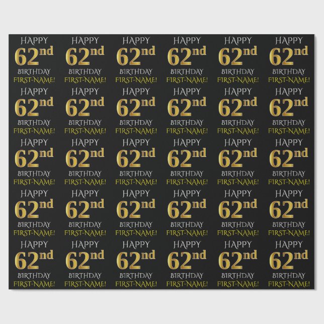 Papier Cadeau Noir, Faux Or "HEUREUX 62e anniversaire" (Plat)