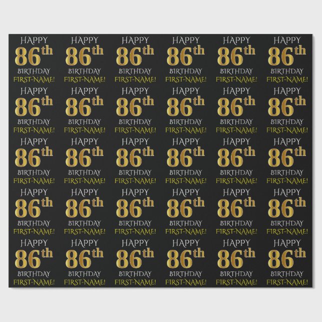 Papier Cadeau Noir, Faux Or "HEUREUX 86ème anniversaire" (Plat)