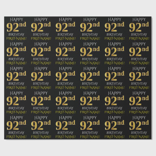 Papier Cadeau Noir, Faux Or "HEUREUX 92e anniversaire" (Plat)