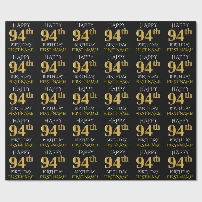 Papier Cadeau Noir, Faux Or "HEUREUX 94ème anniversaire" (Plat)