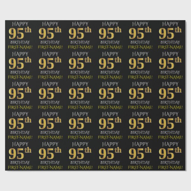 Papier Cadeau Noir, Faux Or "HEUREUX 95ème anniversaire" (Plat)
