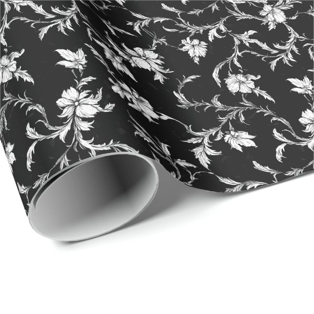 Papier Cadeau Noir Floral Vine Wrapping Paper (Coin rond)