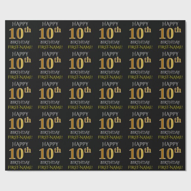 Papier Cadeau Noir, "HAPPY 10th BIRTHDAY" Papier à envelopper (Plat)
