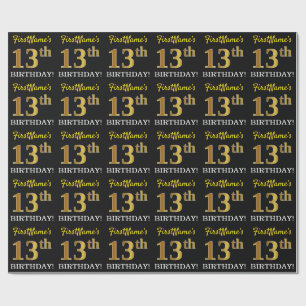 Papier Cadeau Noir, Imitation Or "13ème anniversaire"