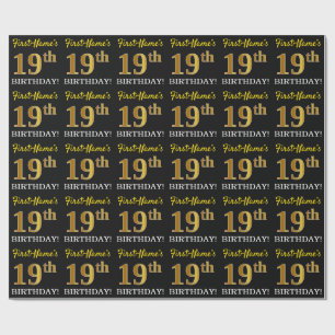 Papier Cadeau Noir, Imitation Or "19ème anniversaire"