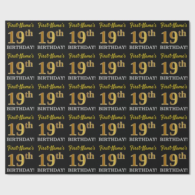 Papier Cadeau Noir, Imitation Or "19ème anniversaire" (Plat)