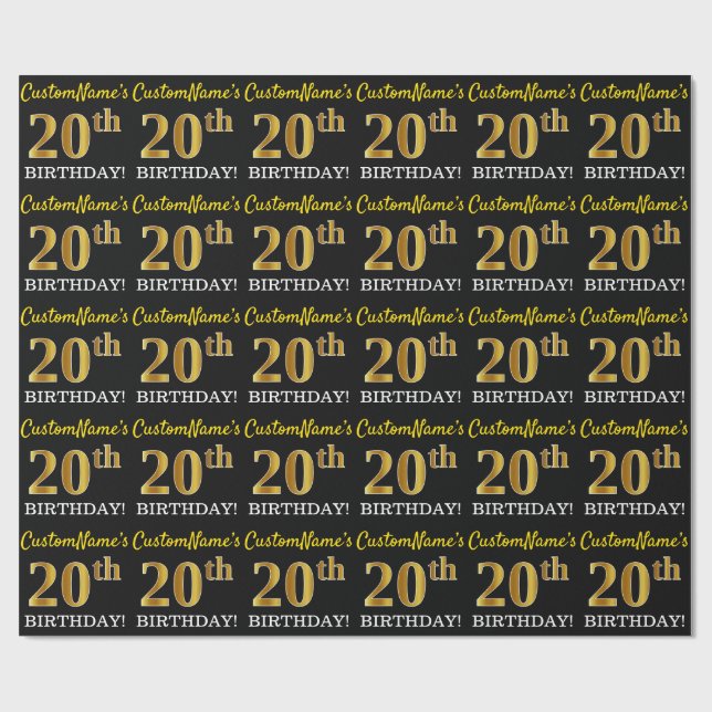 Papier Cadeau Noir, Imitation Or "20ème anniversaire" (Plat)