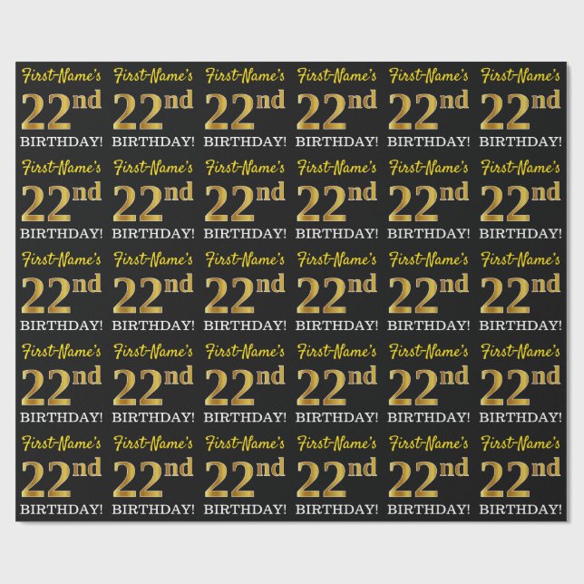 Papier Cadeau Noir, Imitation Or "22e anniversaire" (Plat)