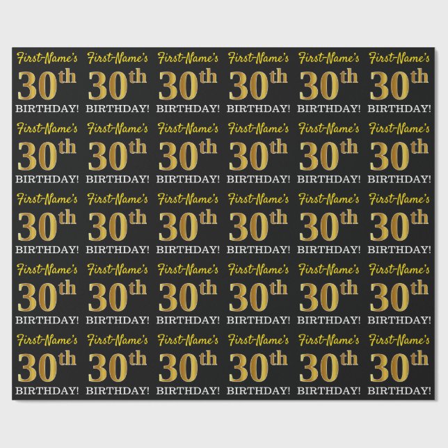 Papier Cadeau Noir, Imitation Or "30ème anniversaire" (Plat)
