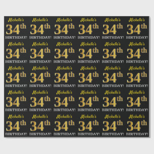 Papier Cadeau Noir, Imitation Or "34e anniversaire"