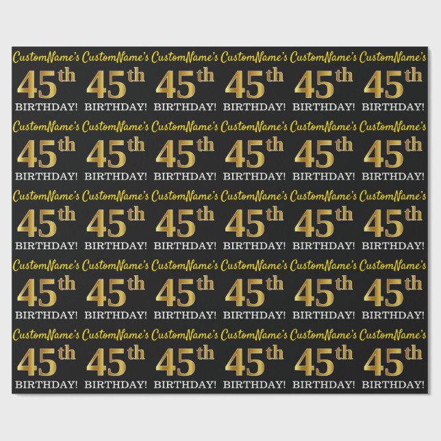 Papier Cadeau Noir, Imitation Or "45ème anniversaire" (Plat)