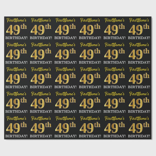 Papier Cadeau Noir, Imitation Or "49ème anniversaire" (Plat)
