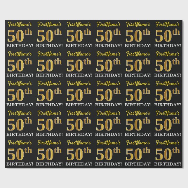 Papier Cadeau Noir, Imitation Or "50ème anniversaire" (Plat)