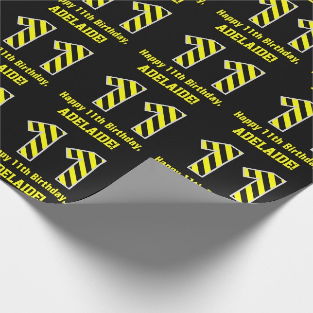 Papier Cadeau Noir & Jaune rayé "11"; 11e anniversaire + nom (Coin)